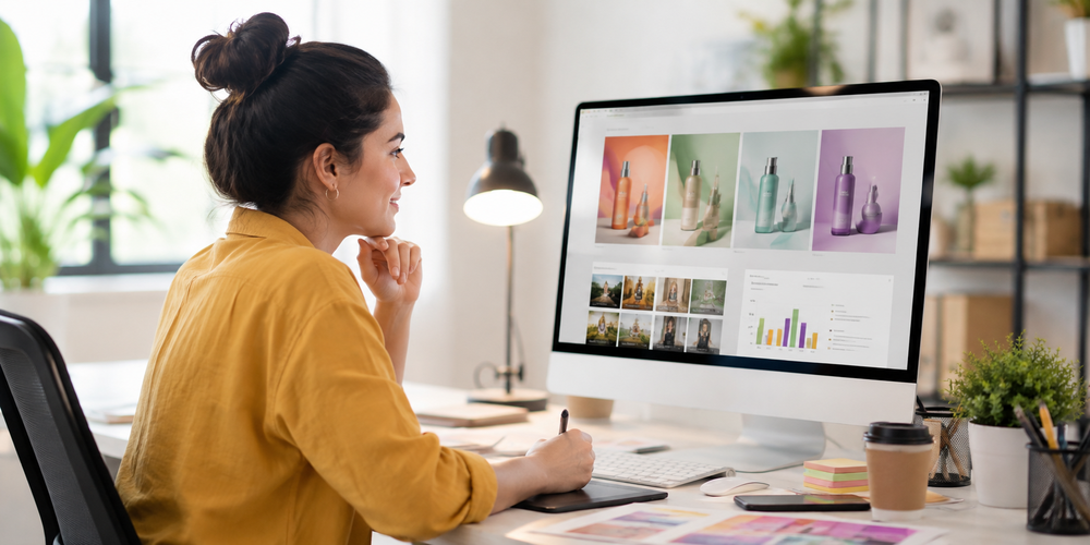 Mujer usando Google Nano Banana para crear visuales publicitarios