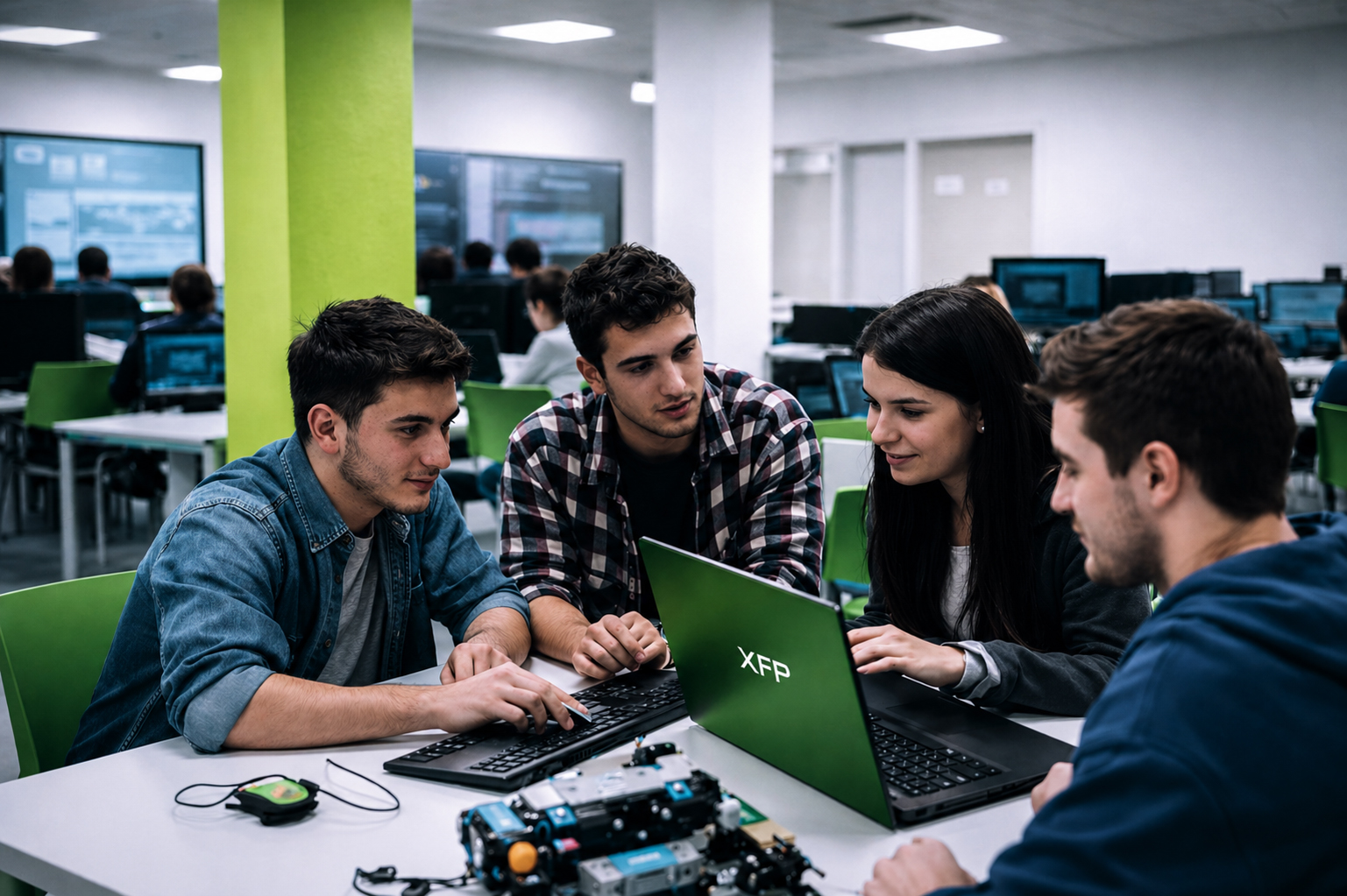 Alumnos analizando datos y gráficos en un aula tecnológica