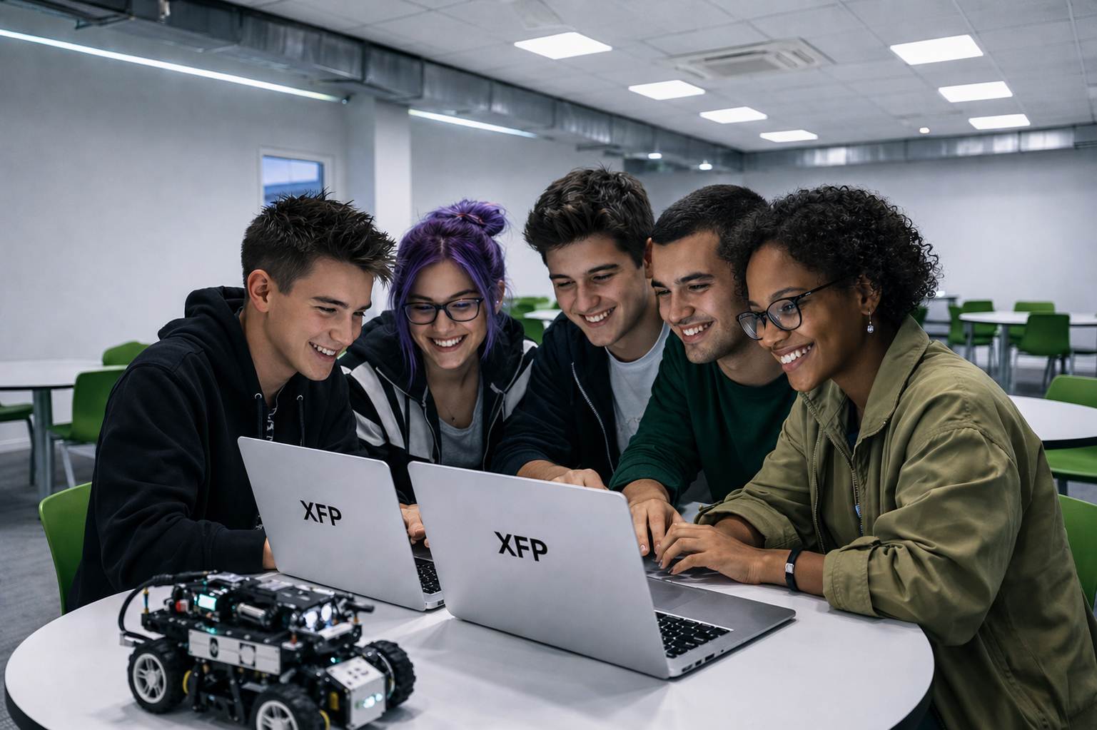 Grupo de estudiantes desarrollando un proyecto digital en equipo